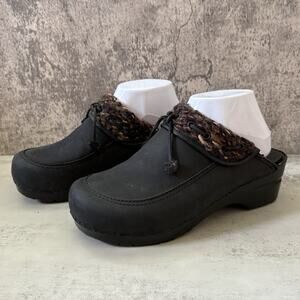 Dansko Black Leather Comfort Clogs Sweater Knit Trim Size 40 US 9-9.5